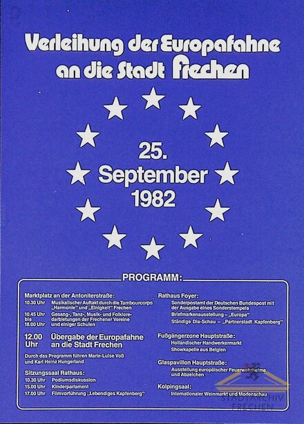 Blauer Flyer mit weißer Schrift und im Kreis angeordneten weißen Sternen in Anlehnung an die Europafahne