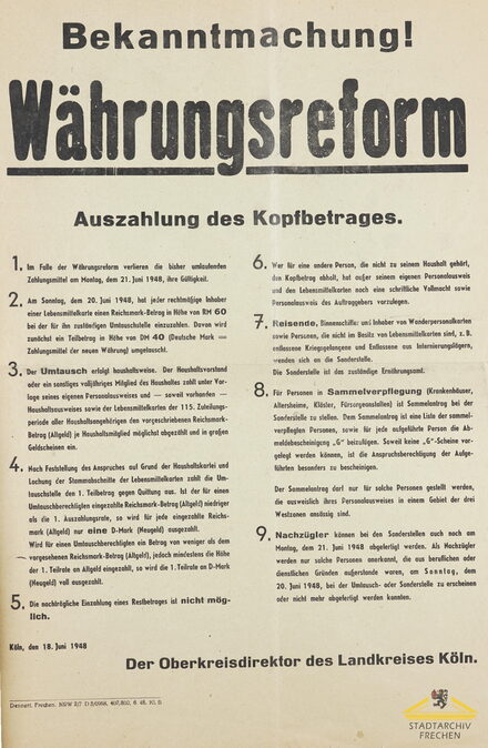Plakat mit der Aufschrift "Bekanntmachung! Währungsreform"