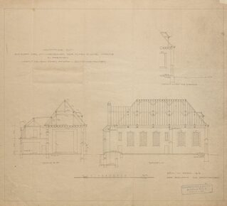 Das Bild zeigt den Entwurf des Um- u. Neubaues der alten Evangelischen Kirche