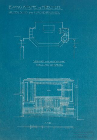 Das Bild zeigt einen blauen Plan zur Ausbildung des Kirchenraumes.
