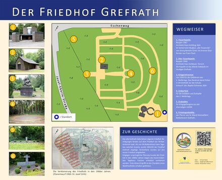 Das Bild zeigt die Infotafel "Der Friedhof Grefrath" mit Lageplan und Infos zur Geschichte.